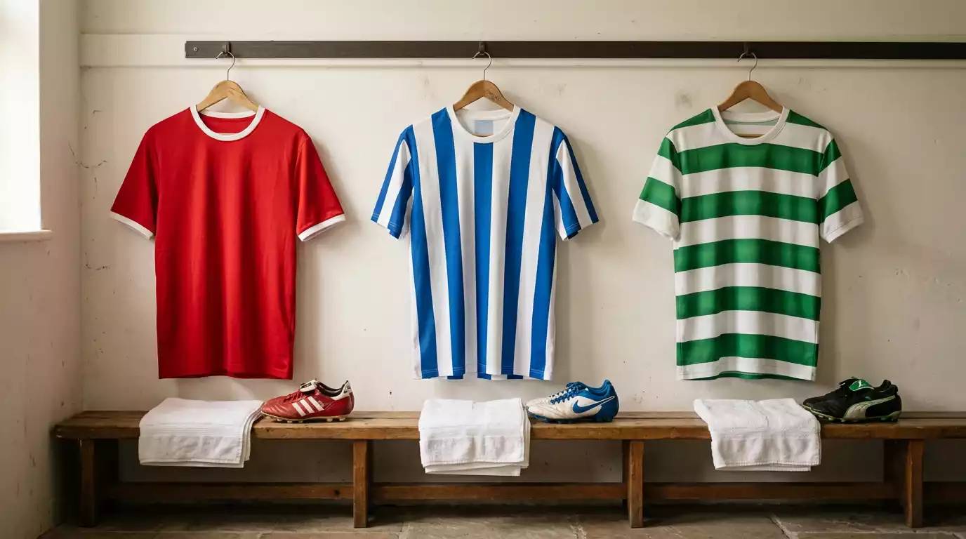 Drei Fußballtrikots in den Vereinsfarben Rot, Blau-Weiß und Grün-Weiß nebeneinander an einer Garderobe in einer Umkleidekabine
