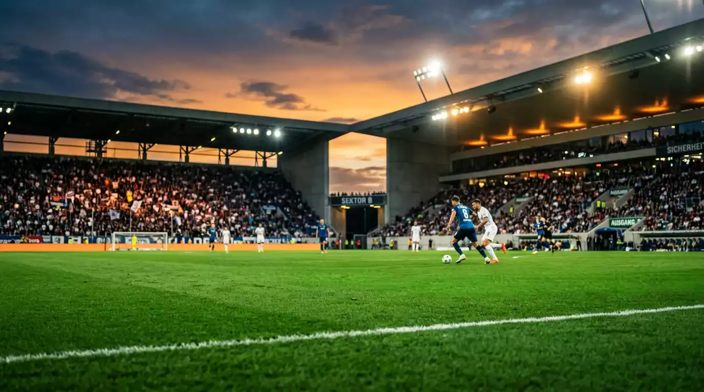 Volles Fußballstadion in Portugal bei einem Liga-Portugal-Spiel am Abend