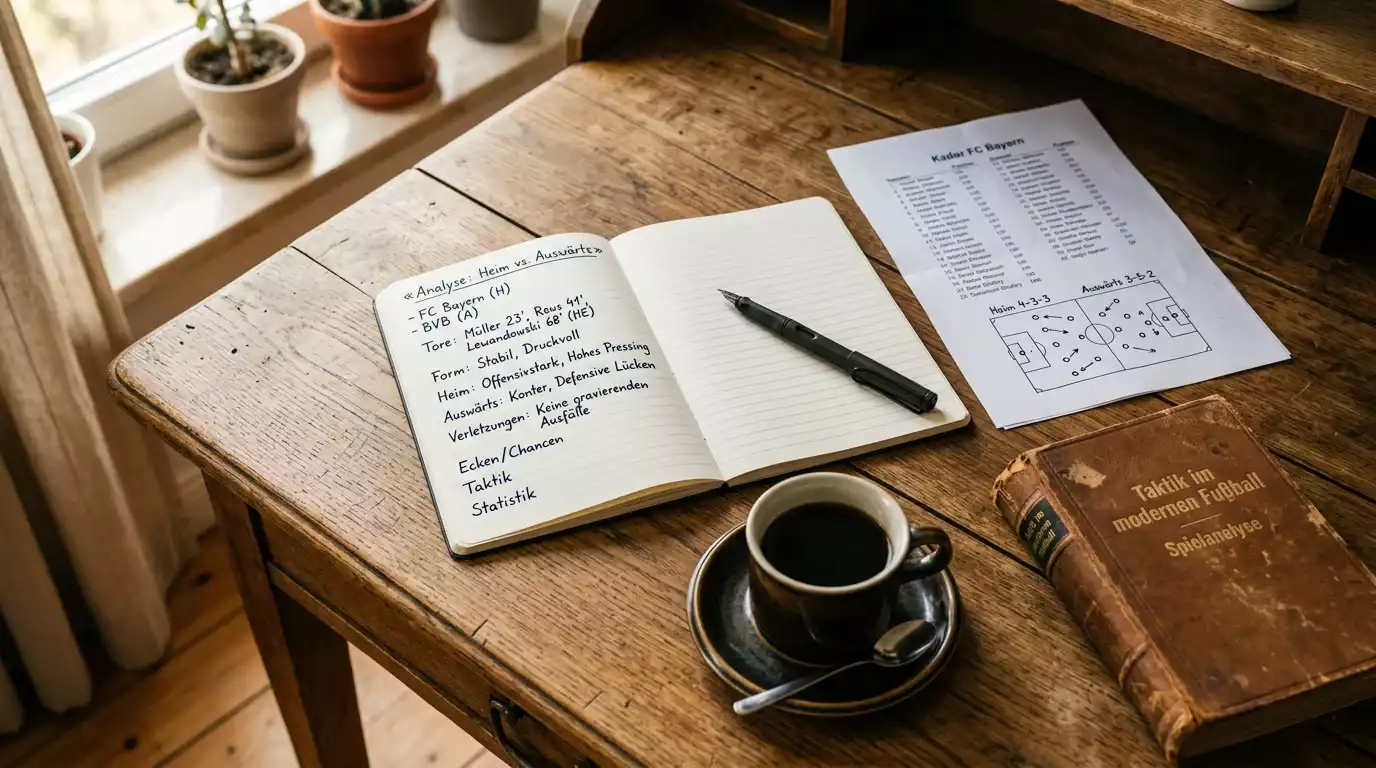Notizbuch mit handschriftlichen Aufzeichnungen zu Fußballwetten und einer Tasse Kaffee auf einem Holztisch