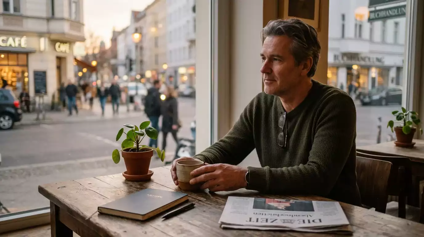 Person legt Notizbuch und Stift beiseite und nimmt eine Tasse Tee in die Hand, ruhige Atmosphäre an einem Holztisch am Fenster